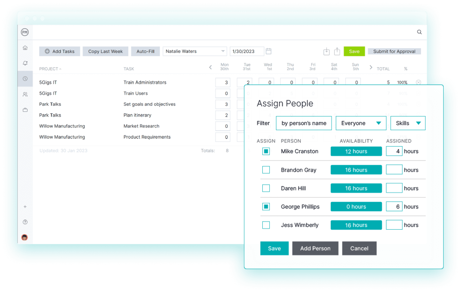 Team management software with timesheets