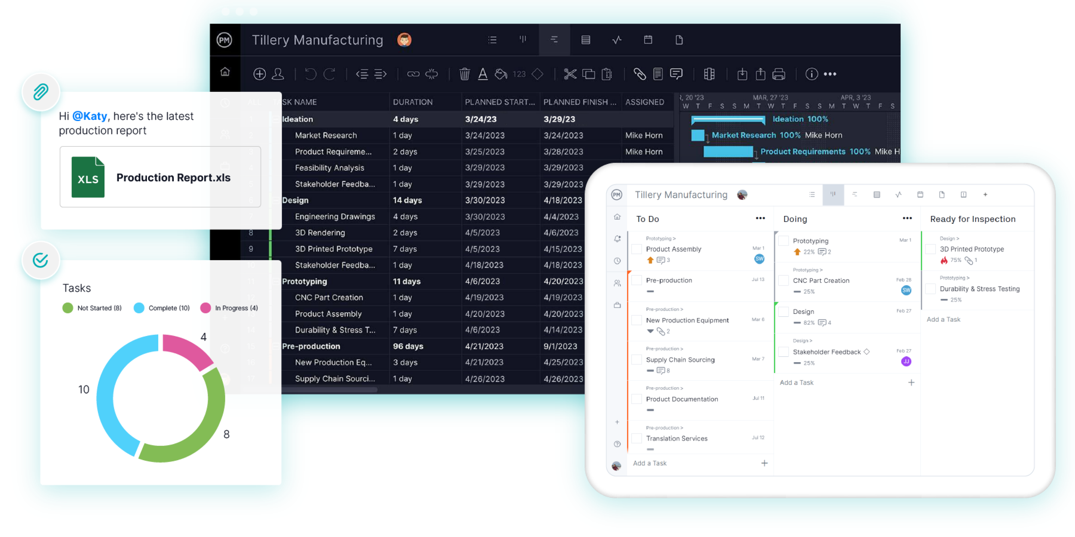 Manufacturing project management software with a Gantt chart, tablet with kanban board and dashboard