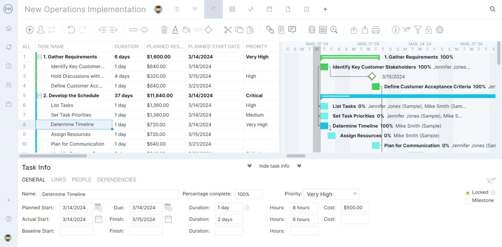 Gantt chart with task info panel popup ProjectManager