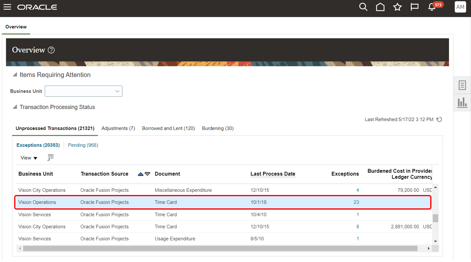 Oracle Fusion Cloud project management screenshot