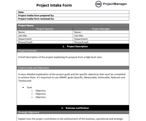 Free project intake form for Word