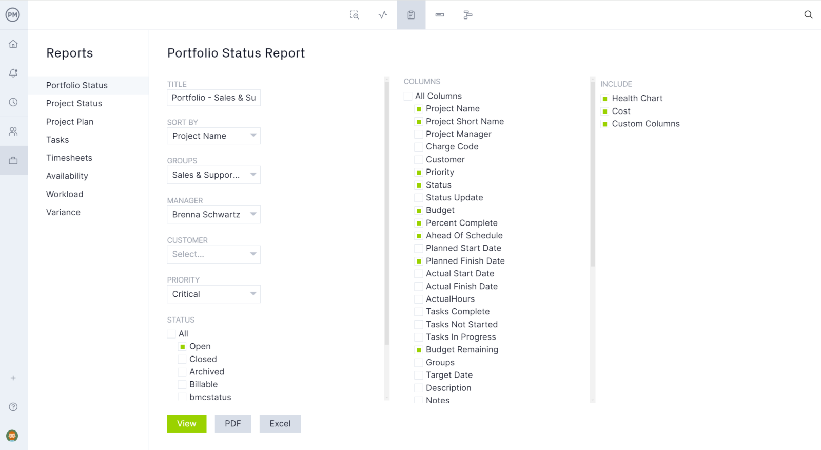 Portfolio status report ProjectManager