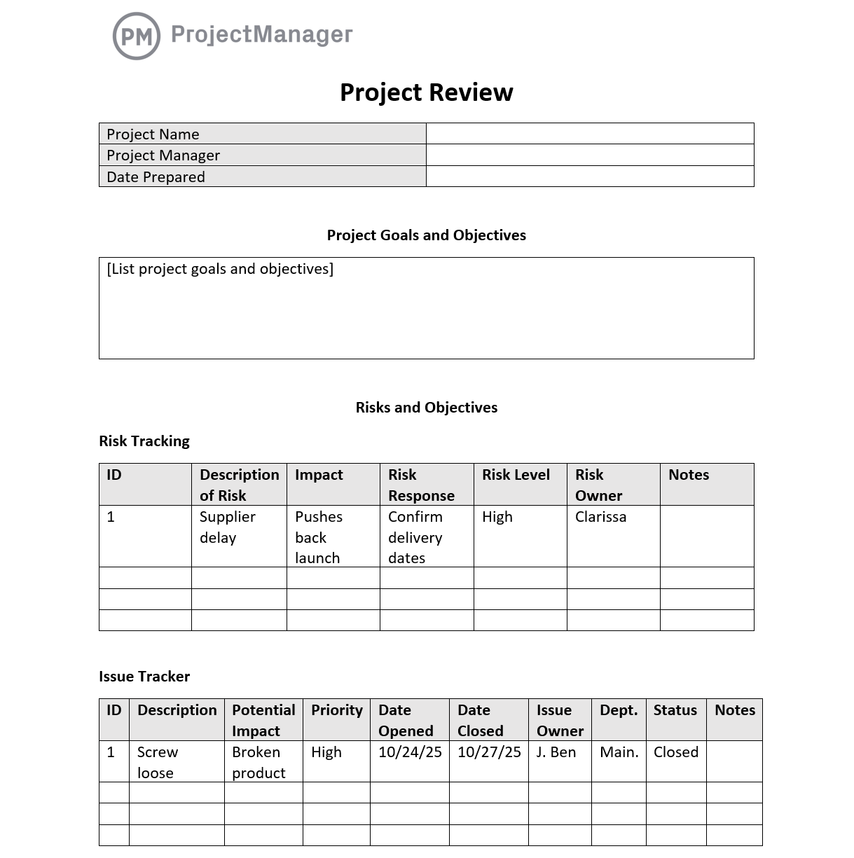 ProjectManager's project review template