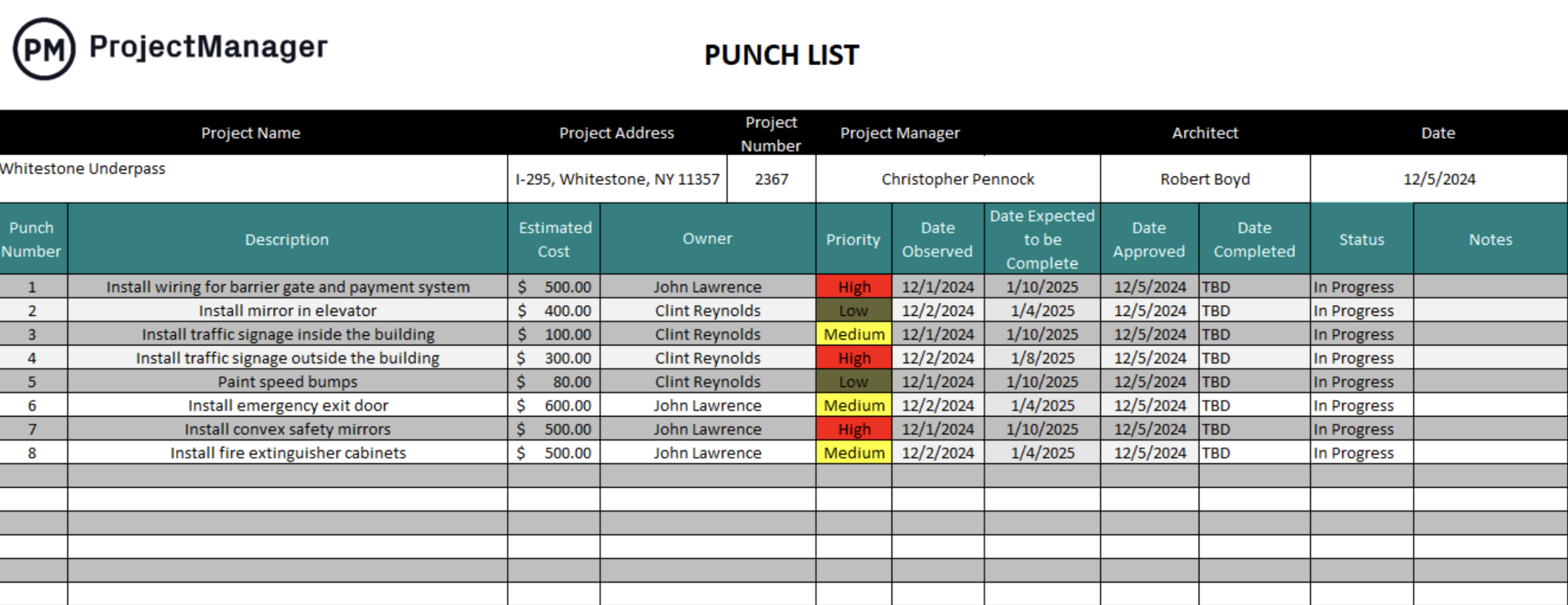 Punch list Excel tracker template