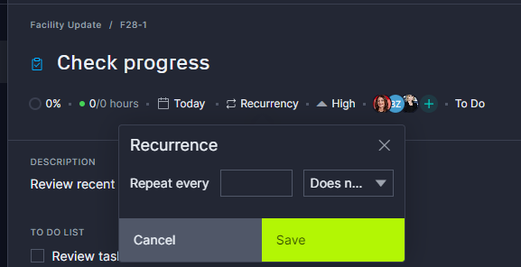 ProjectManager's recurring tasks frequency popup
