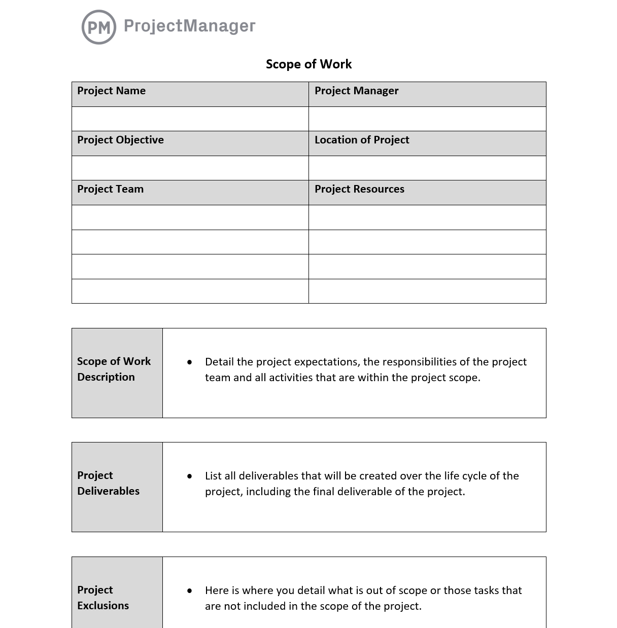 ProjectManager's scope of work template