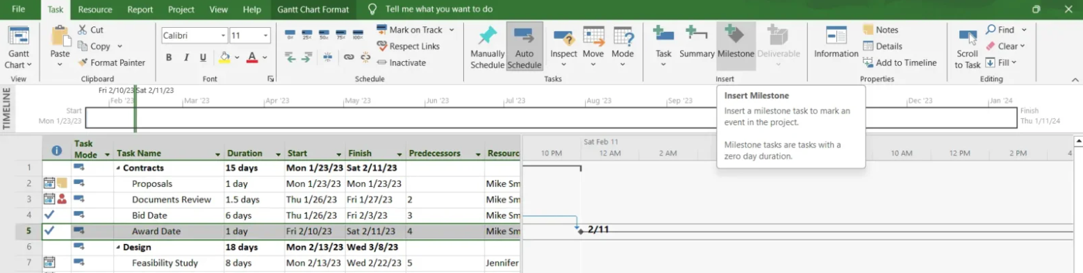 project milestones on a Microsoft Project Gantt chart