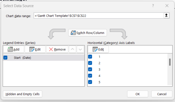 Gantt chart, select data source.