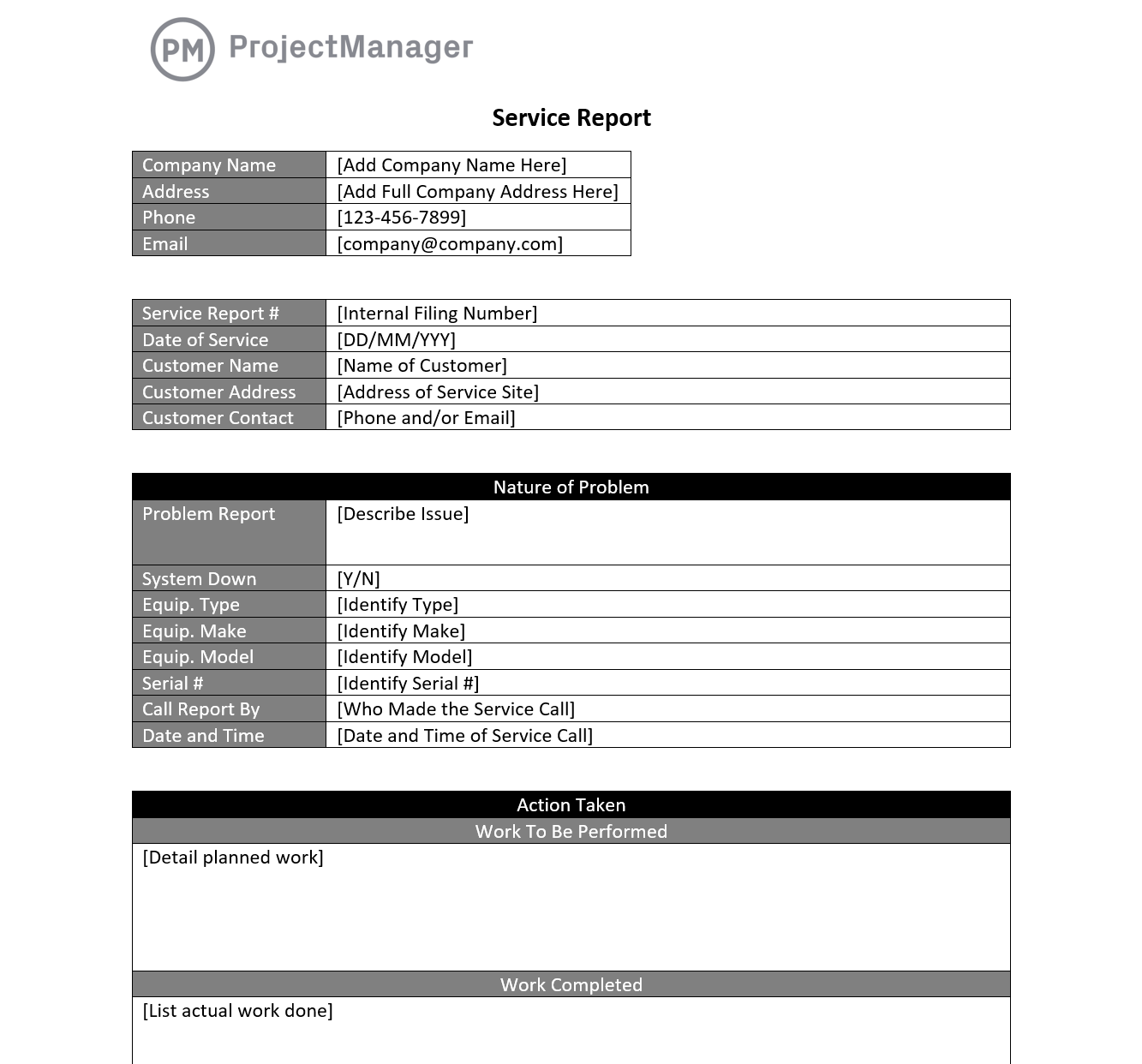 ProjectManager's free service report template for Word