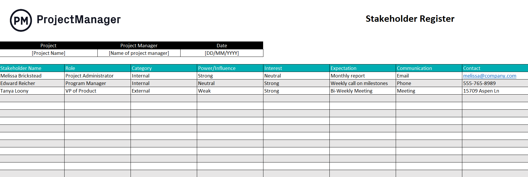 ProjectManager's free stakeholder register template for Excel