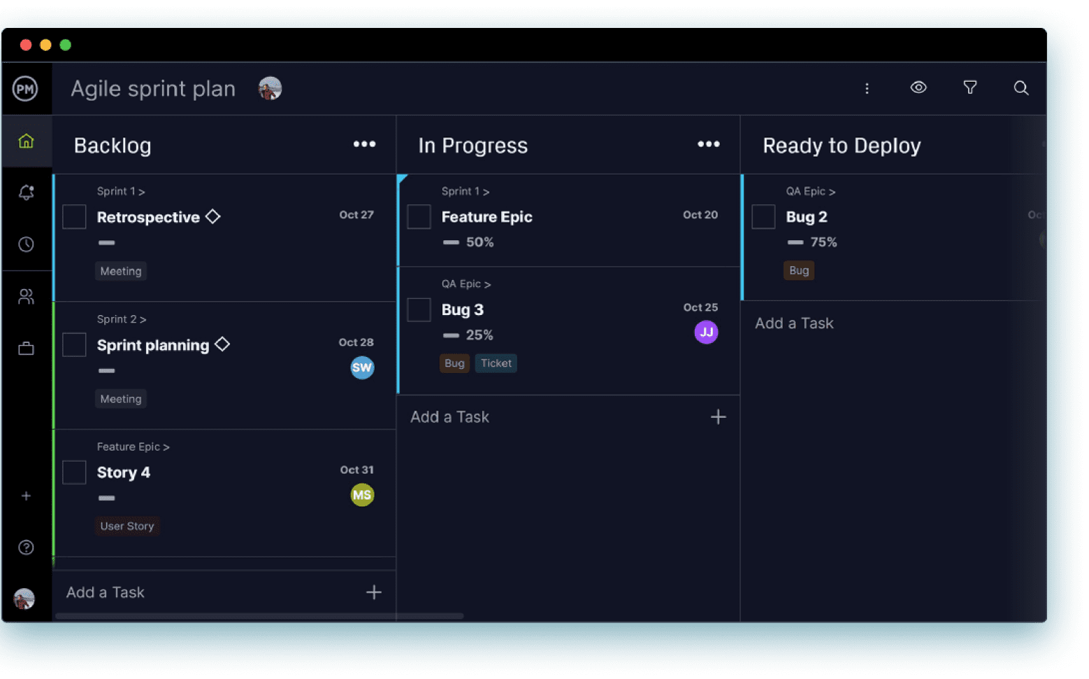 ProjectManager's kanban software, showing tasks from a sprint plan