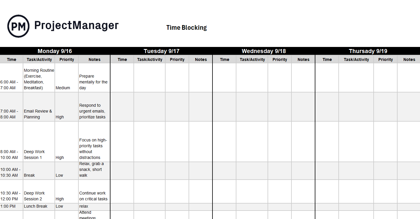 Free time blocking template for Excel