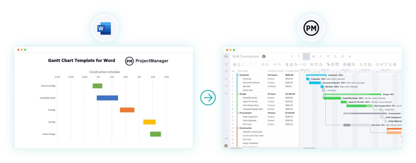 Import the Gantt chart template for Word data into ProjectManager