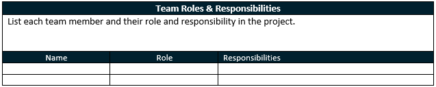 Work plan section showing team members roles and responsibilities