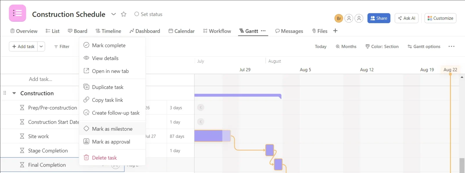 Asana Gantt chart