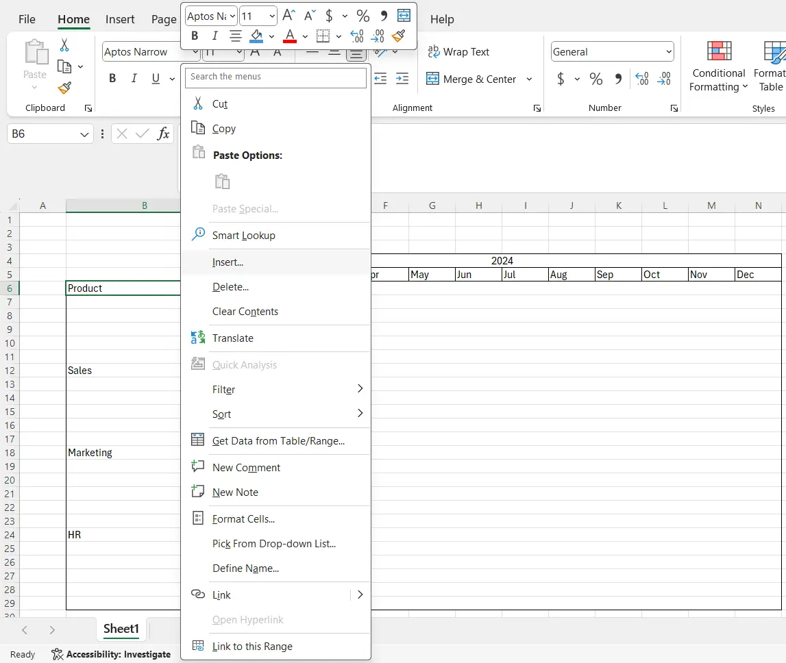 This insert pop up allows you to add a row for milestones and deliverables in this timeline template for Excel