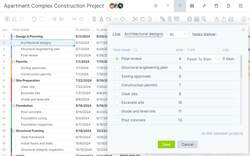 How to link task dependencies in ProjectManager's milestone schedule