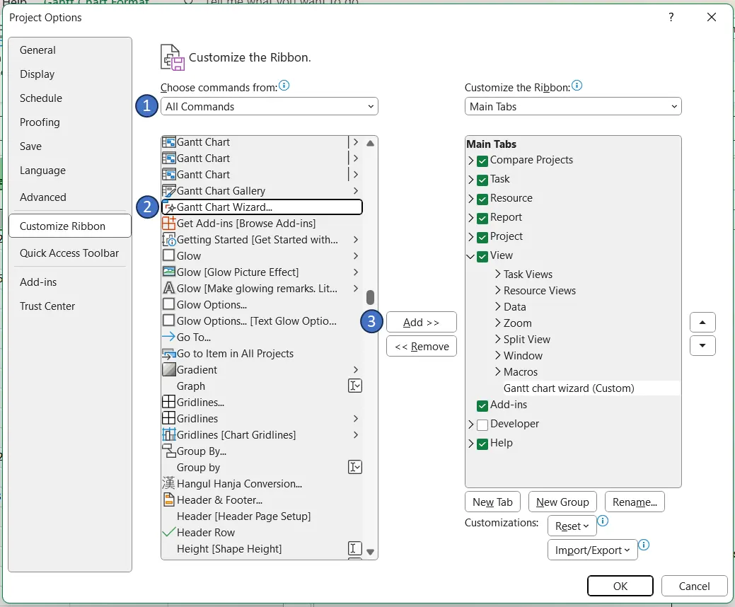 Step to set up the MS project Gantt chart wizard