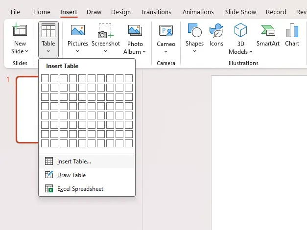 Insert table to make PowerPoint timeline template