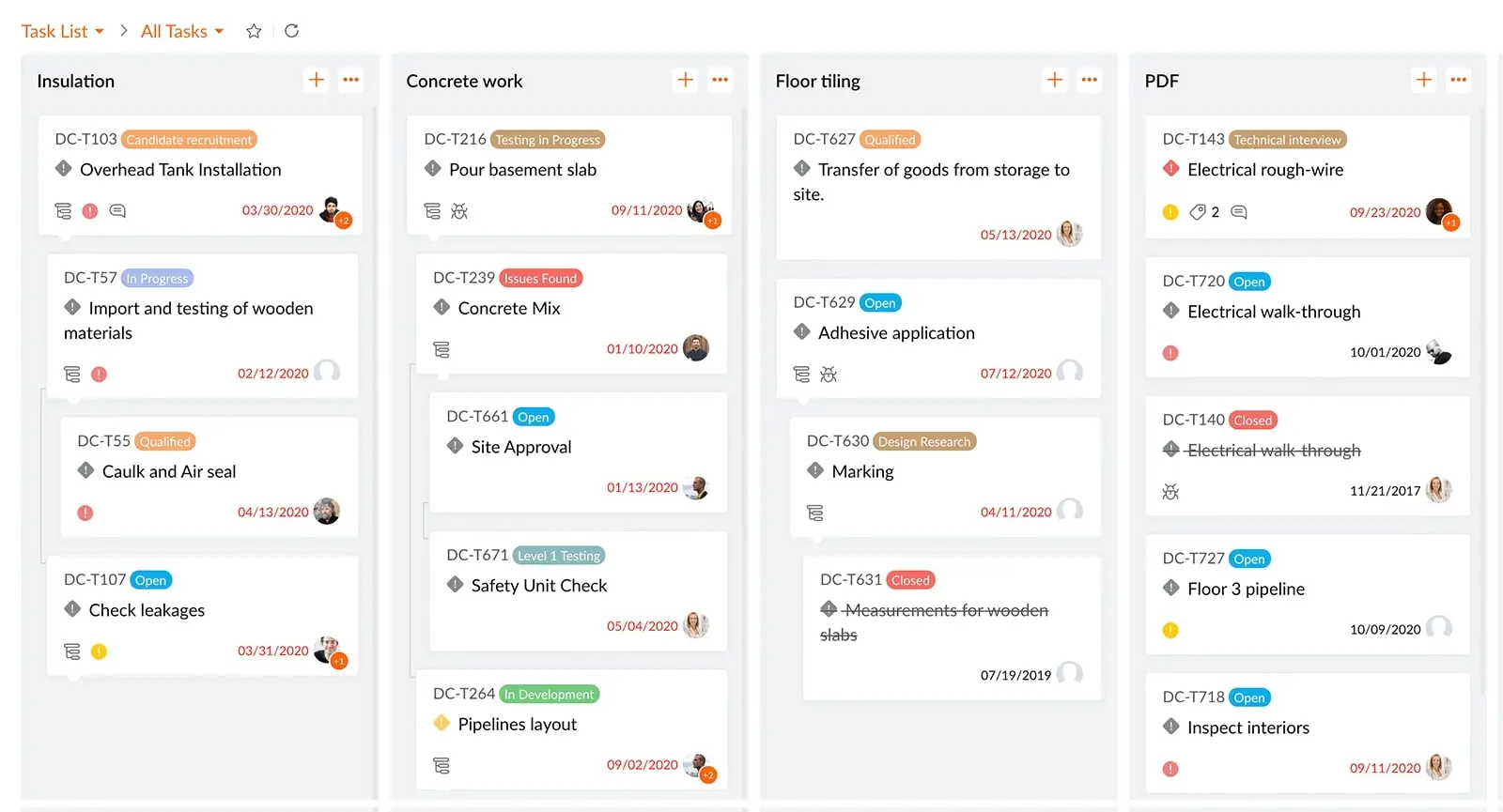 Zoho Projects kanban board, a Microsoft Planner alternative for agile teams